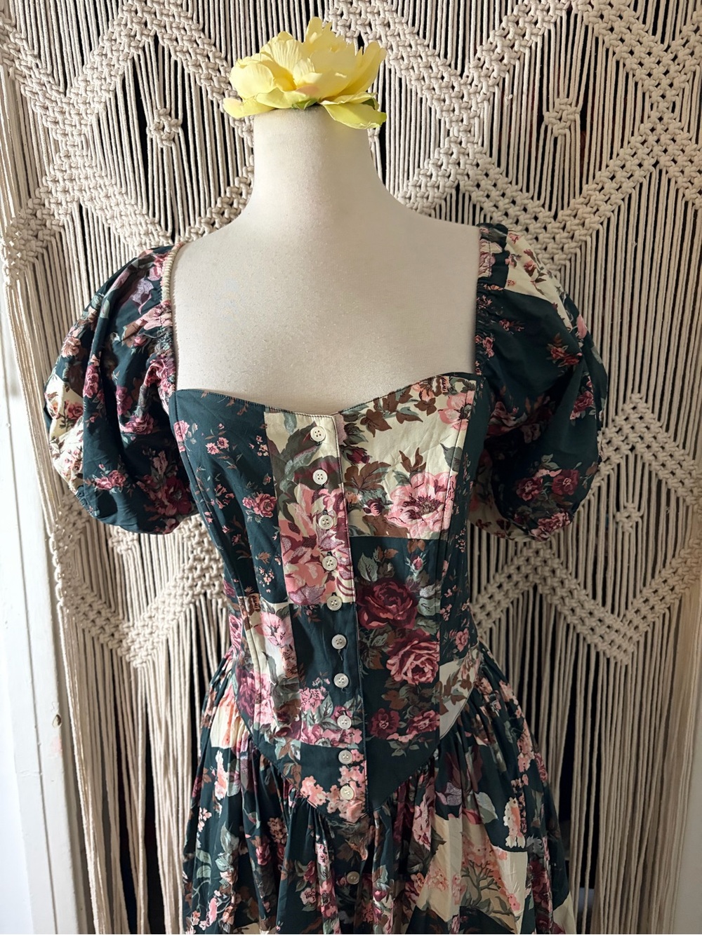 VTG 90s Patchwork Floral Cotton Maxi Dress Puff Sleeve Cottagecore - Picture 3 of 6
